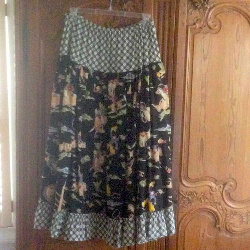 Hand made full circle bark cloth skirt with retro vintage print/ perfect costume